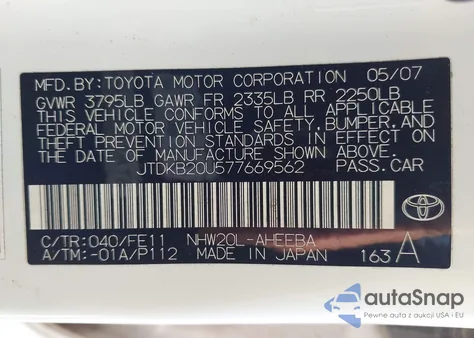 2007 Toyota Prius from USA, damaged, VIN JTDKB20U577669562